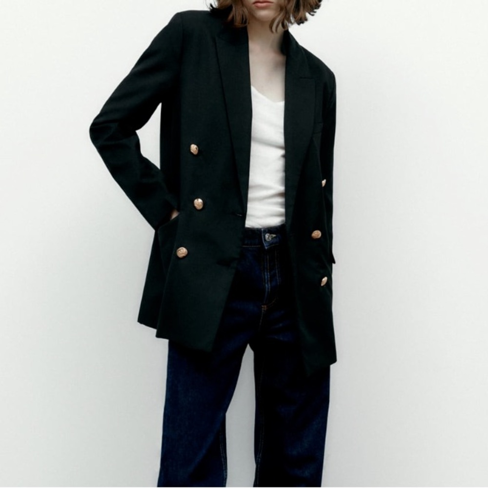 ZARA Classic Double Breasted Gold Button Straight Blazer Jacket